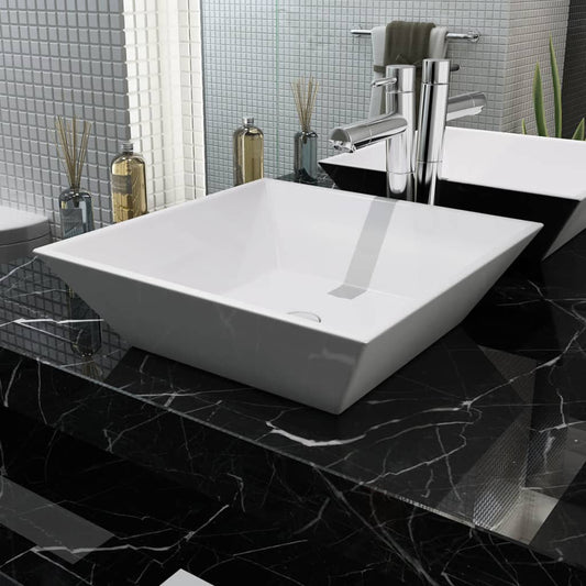 Square White Ceramic Wash Basin - Bend