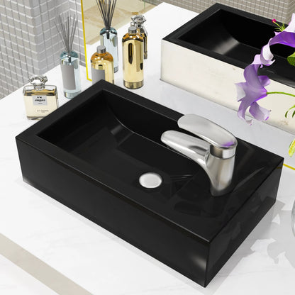 Black Ceramic Rectangular Basin with Faucet Hole - Bend