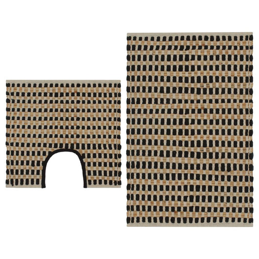 Hand-Woven Jute Bathroom Mat Set Fabric Natural and Black