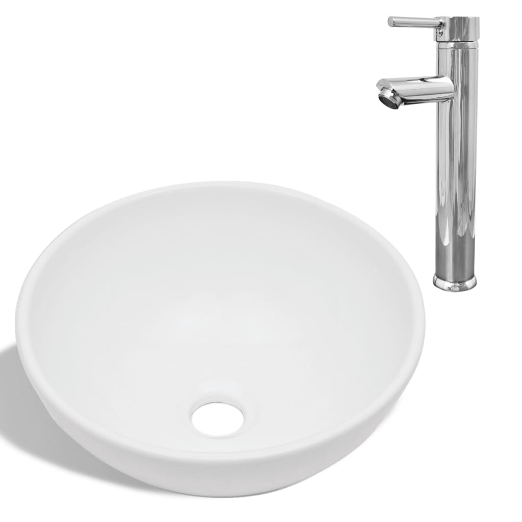 Bathroom Basin with Mixer Tap Ceramic Round White - Bend