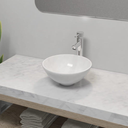 Bathroom Basin with Mixer Tap Ceramic Round White - Bend