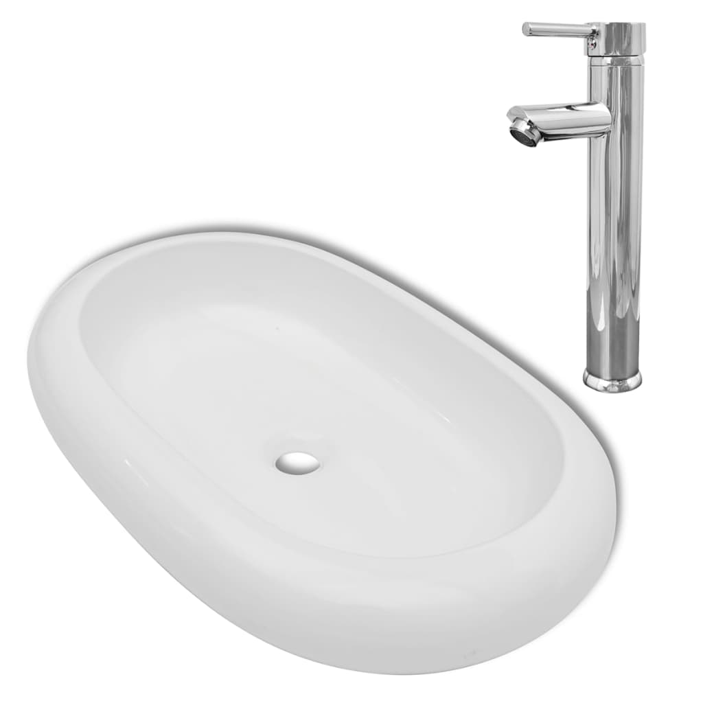 Bathroom Basin with Mixer Tap Ceramic Oval White - Bend