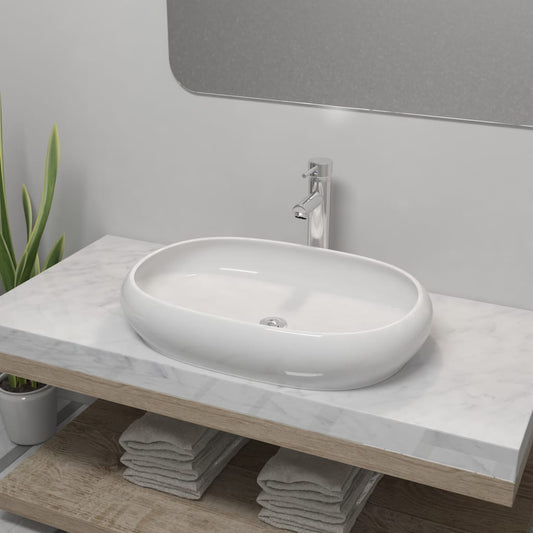 Bathroom Basin with Mixer Tap Ceramic Oval White - Bend