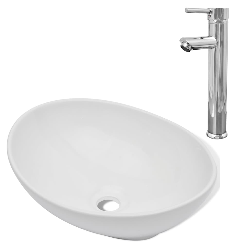 Bathroom Basin with Mixer Tap Ceramic Oval White