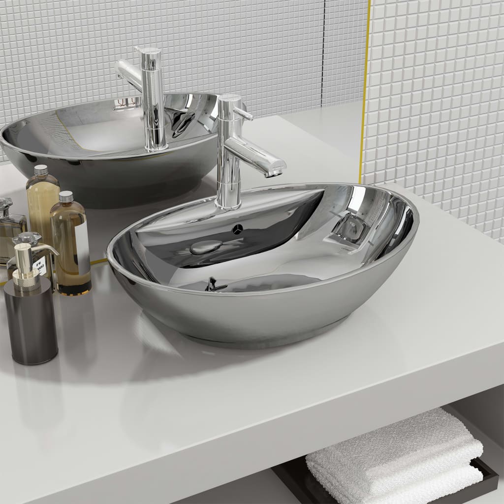 Wash Basin with Overflow 58.5x39x21 cm Ceramic Silver - Bend