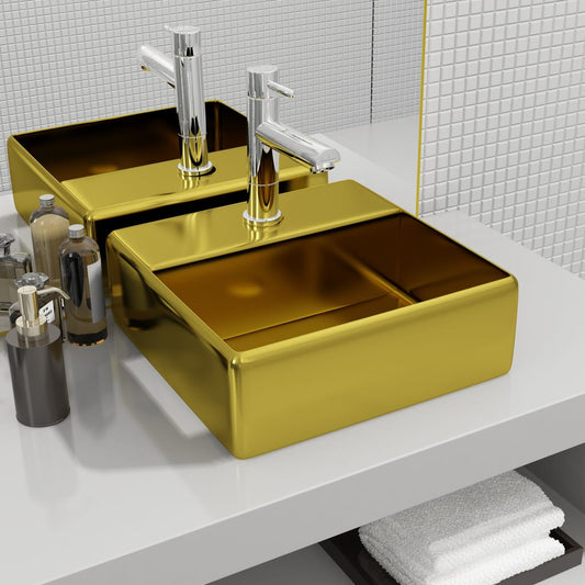 Wash Basin with Faucet Hole 38x30x11.5 cm Ceramic Gold - Bend