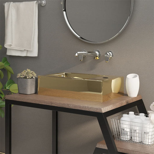 Wash Basin with Overflow 49x25x15 cm Ceramic Gold - Bend