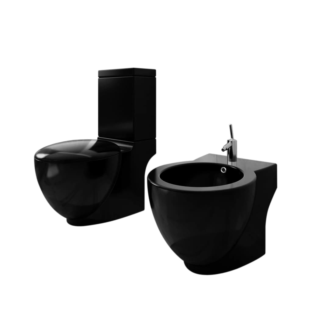 Stand Toilet & Bidet Set Black Ceramic