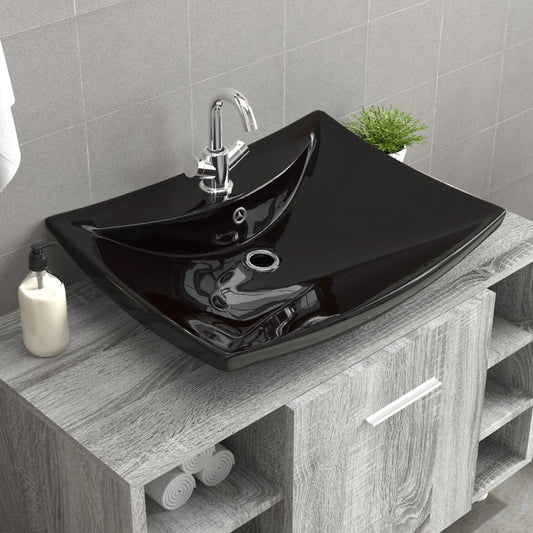 Black Luxury Ceramic Basin Rectangular with Overflow & Faucet Hole - Bend