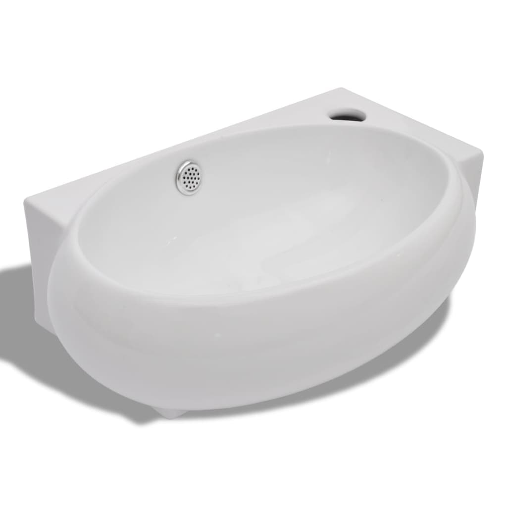 Ceramic Sink Basin Faucet & Overflow Hole Bathroom White - Bend