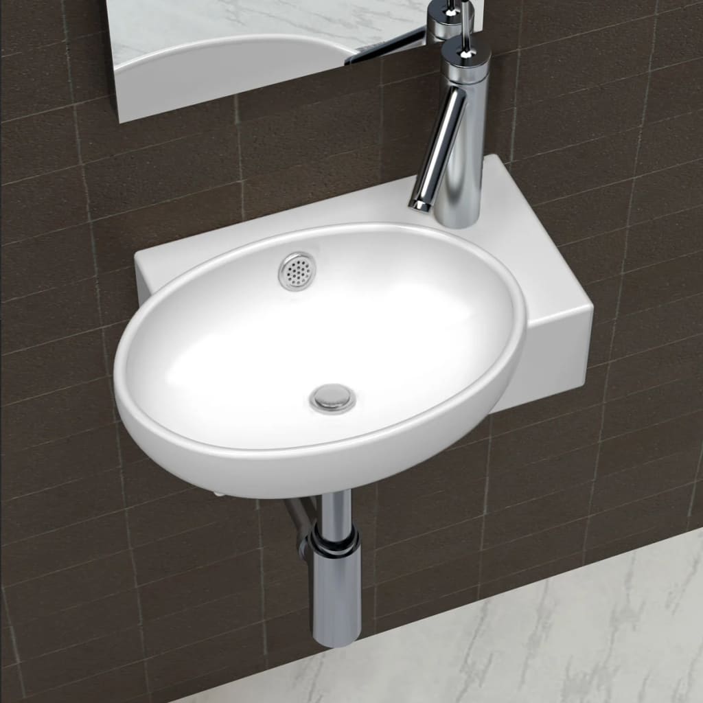 Ceramic Sink Basin Faucet & Overflow Hole Bathroom White - Bend