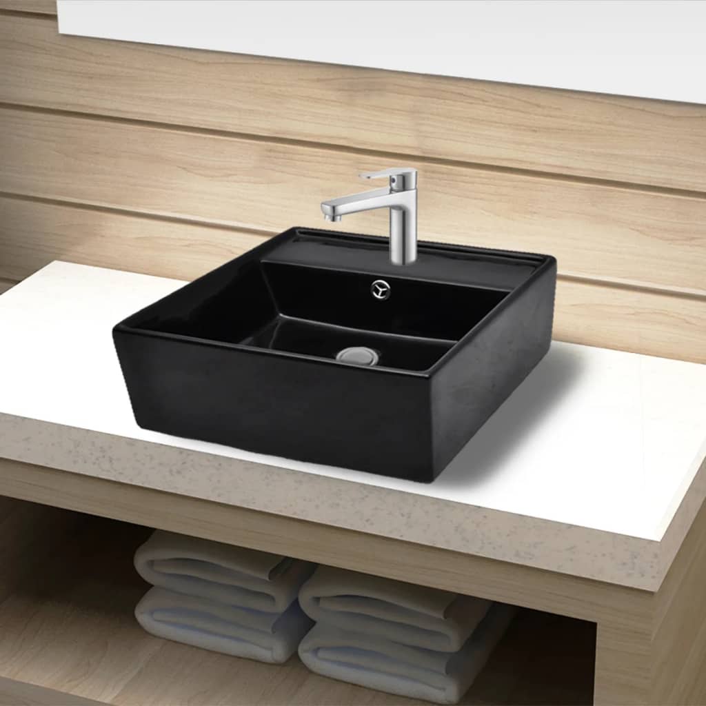 Ceramic Bathroom Sink Basin Faucet /Overflow Hole Black Square - Bend