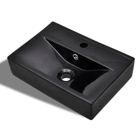 Ceramic Bathroom Sink Basin Faucet/Overflow Hole Black Rectangular - Bend