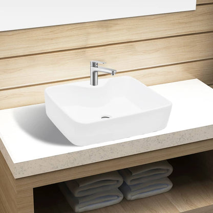 Ceramic Bathroom Sink Basin with Faucet Hole White Square