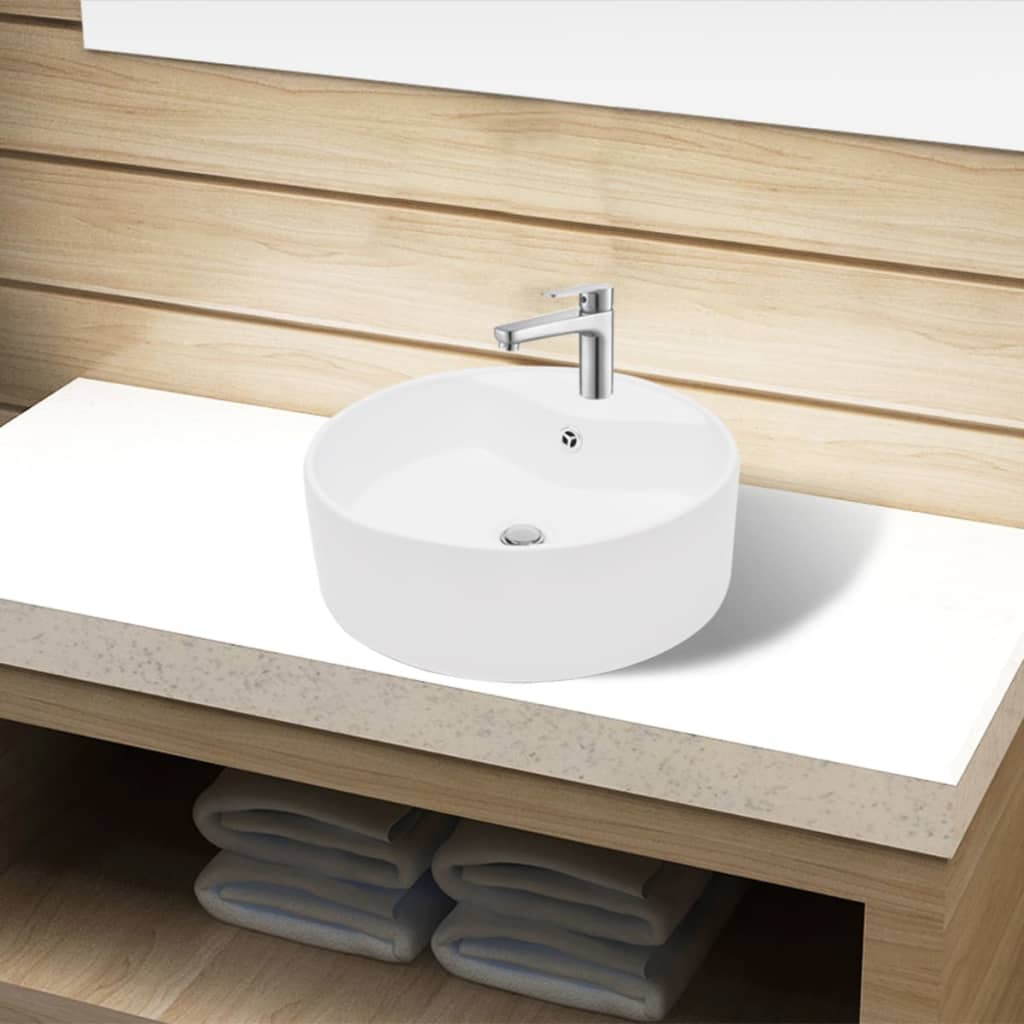 Ceramic Bathroom Sink Basin Faucet/Overflow Hole White Round - Bend