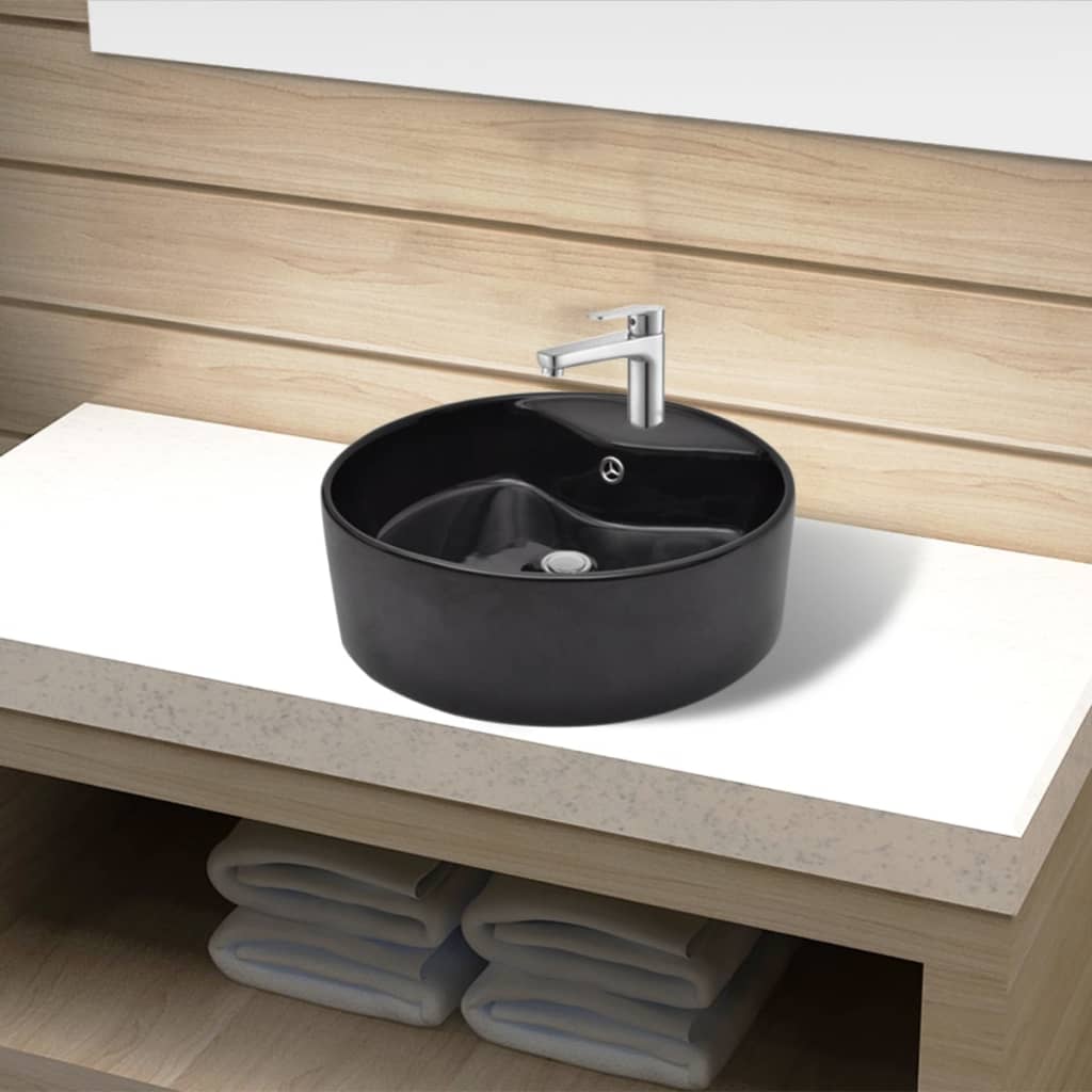 Ceramic Bathroom Sink Basin Faucet/Overflow Hole Black Round - Bend