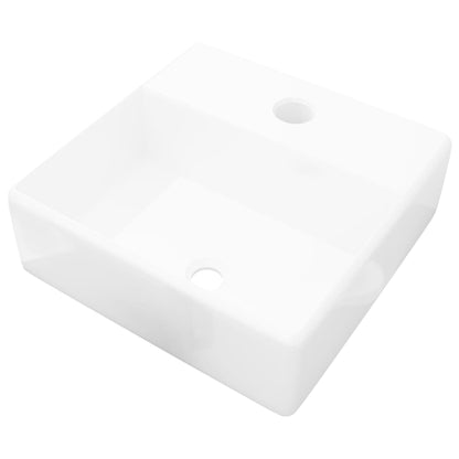 Ceramic Bathroom Sink Basin with Faucet Hole White Square