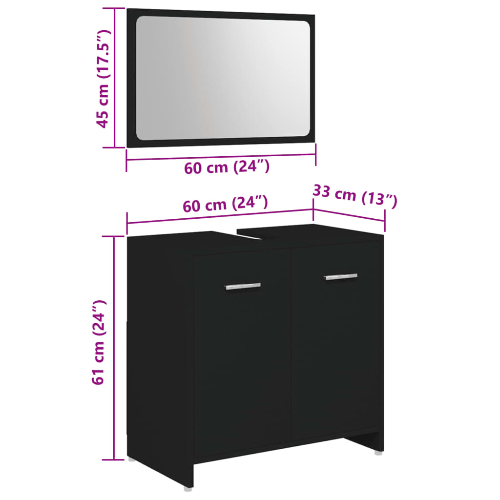 3 Piece Bathroom Furniture Set Black Engineered Wood