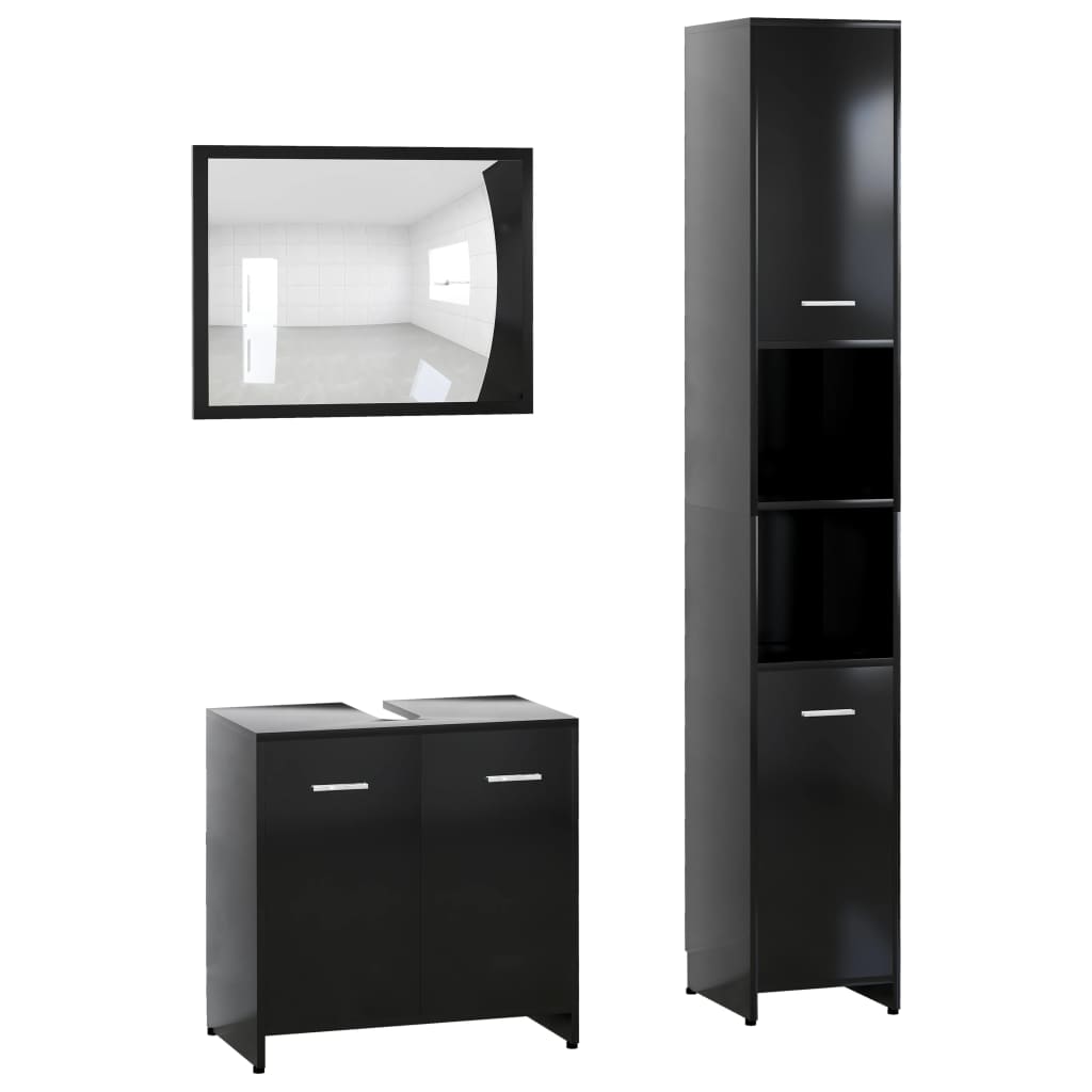 3 Piece Bathroom Furniture Set Black Engineered Wood