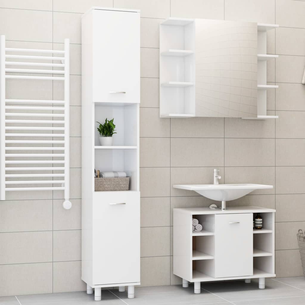 3 Piece Bathroom Furniture Set High Gloss White Engineered Wood