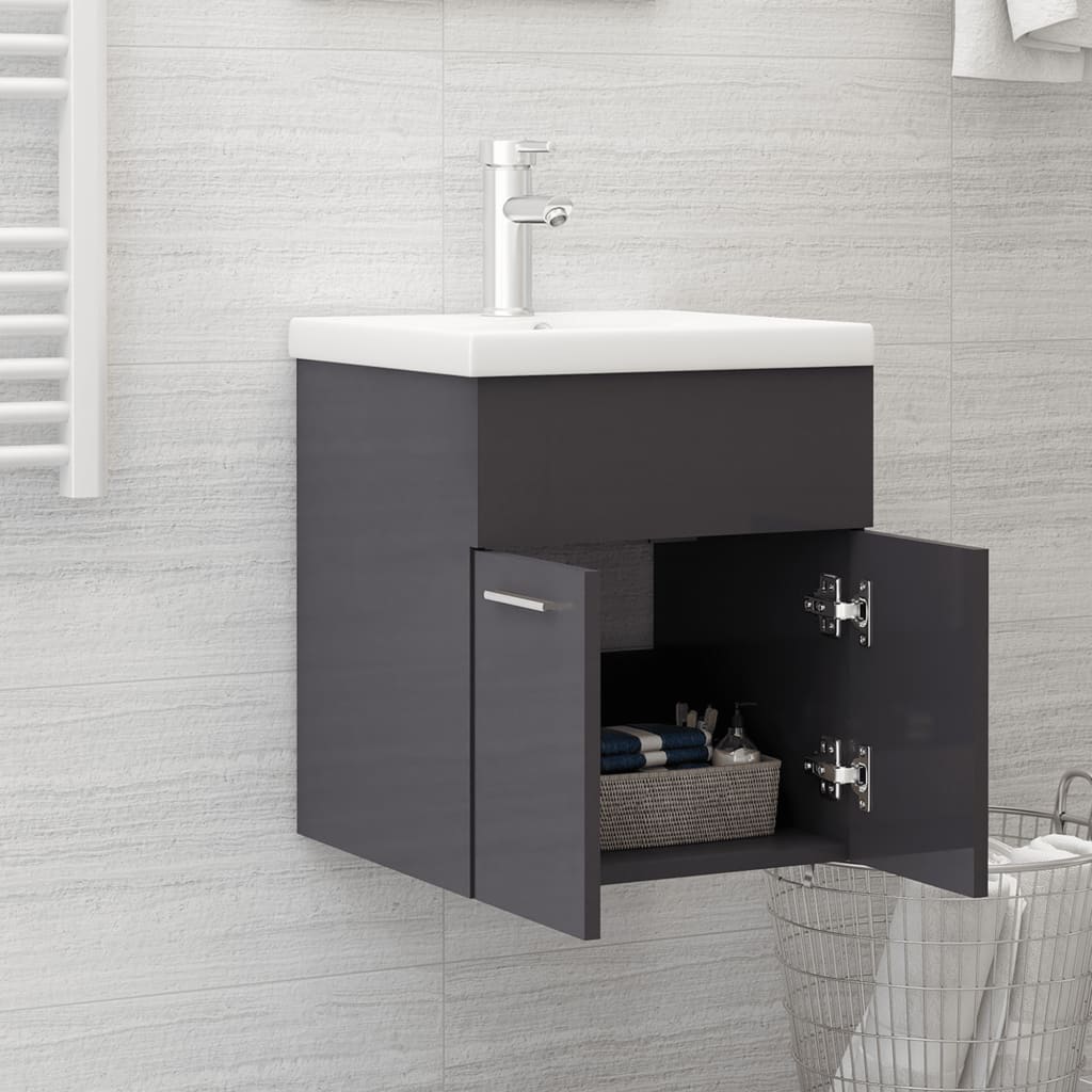 Sink Cabinet High Gloss Grey 41x38.5x46 cm Engineered Wood