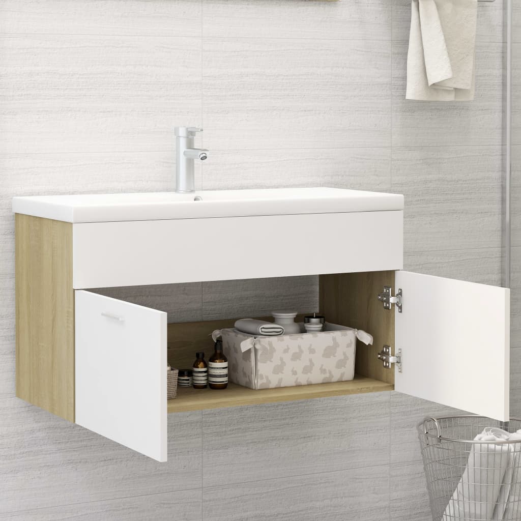 Sink Cabinet White and Sonoma Oak 90x38.5x46 cm Engineered Wood