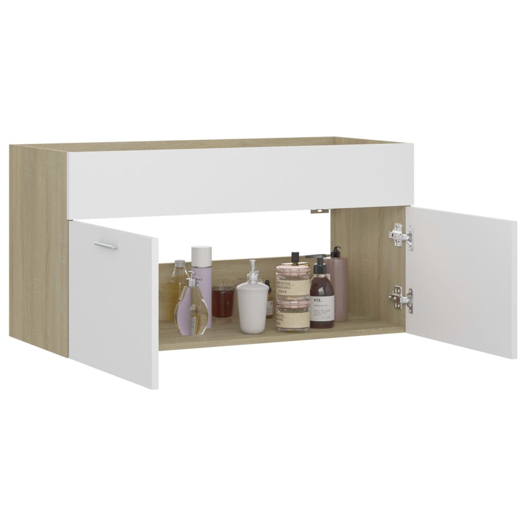 Sink Cabinet White and Sonoma Oak 90x38.5x46 cm Engineered Wood