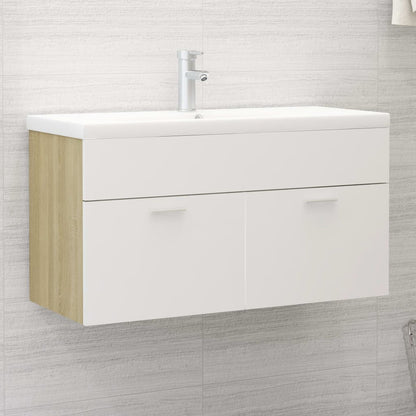 Sink Cabinet White and Sonoma Oak 90x38.5x46 cm Engineered Wood