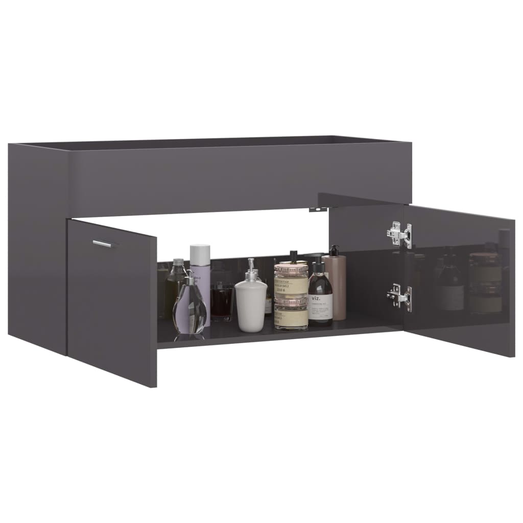 Sink Cabinet High Gloss Grey 90x38.5x46 cm Engineered Wood