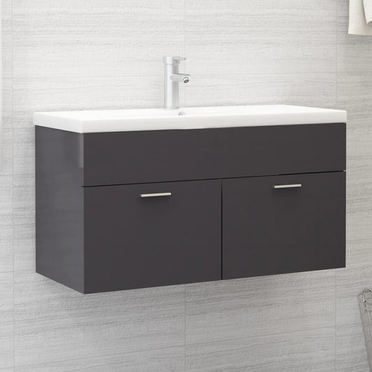 Sink Cabinet High Gloss Grey 90x38.5x46 cm Engineered Wood