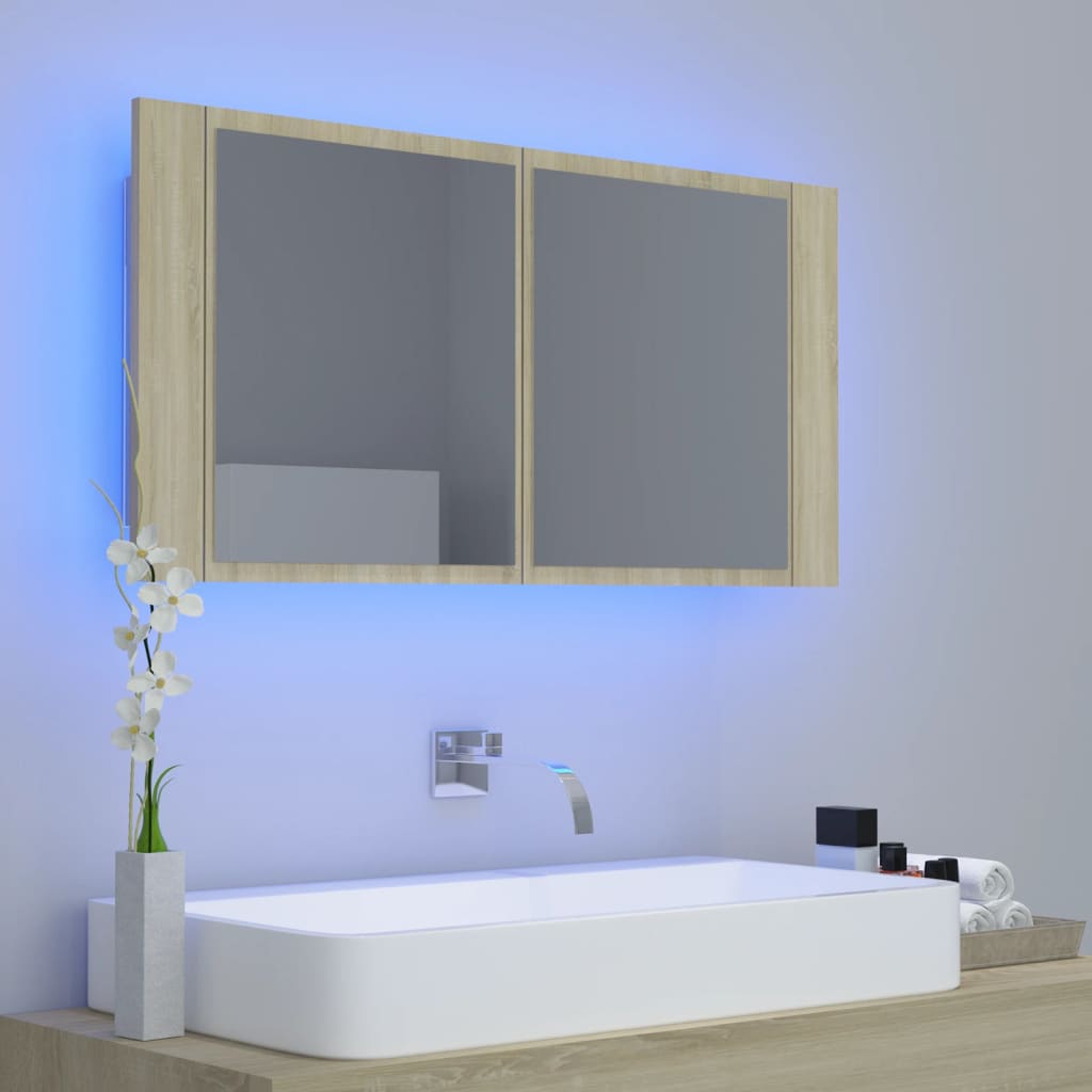 LED Bathroom Mirror Cabinet Sonoma Oak 90x12x45 cm Acrylic - Bend