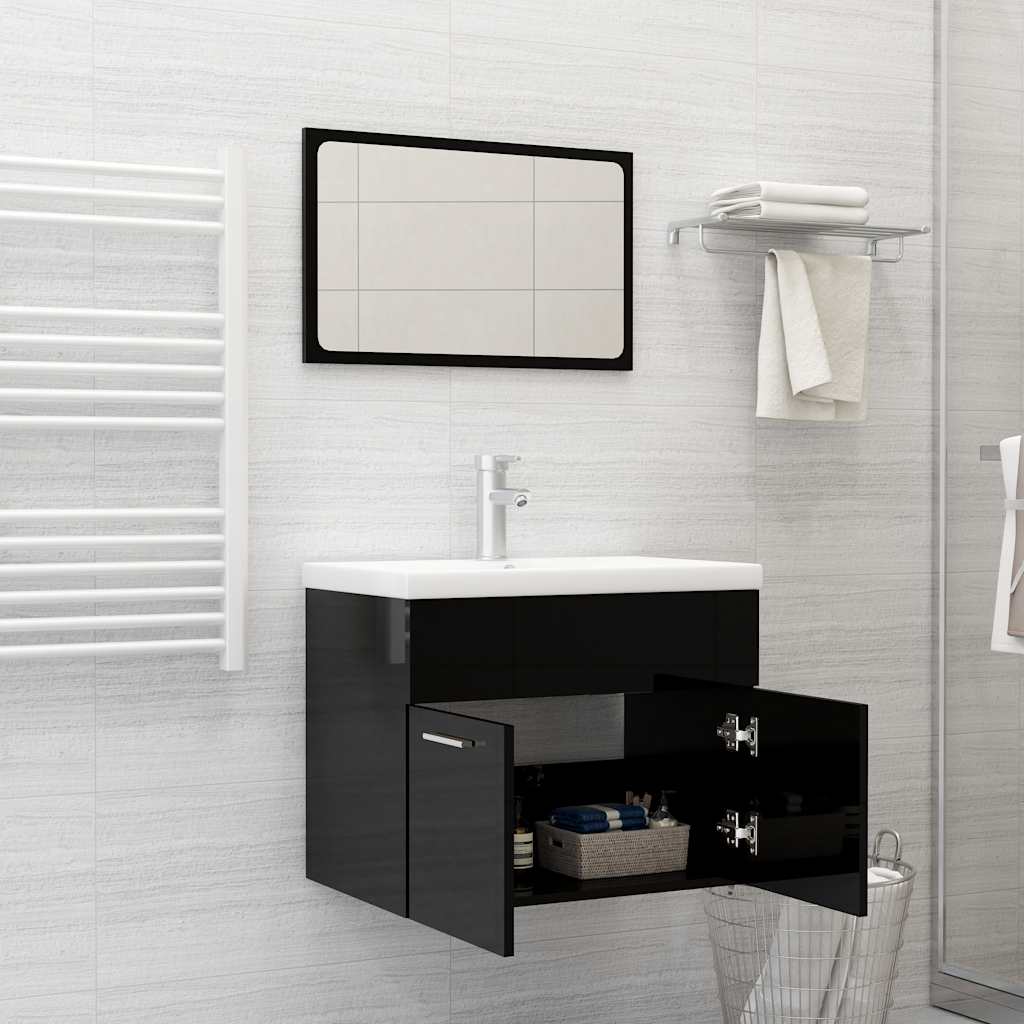 2 Piece Bathroom Furniture Set High Gloss Black Engineered Wood