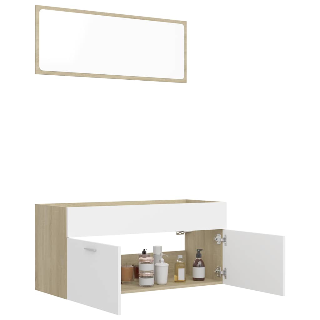 2 Piece Bathroom Furniture Set White and Sonoma Oak Engineered Wood