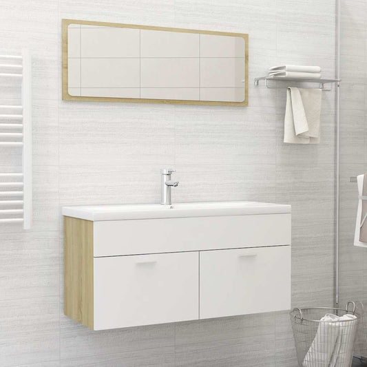 2 Piece Bathroom Furniture Set White and Sonoma Oak Engineered Wood