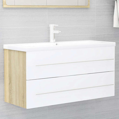 2 Piece Bathroom Furniture Set White and Sonoma Oak Engineered Wood