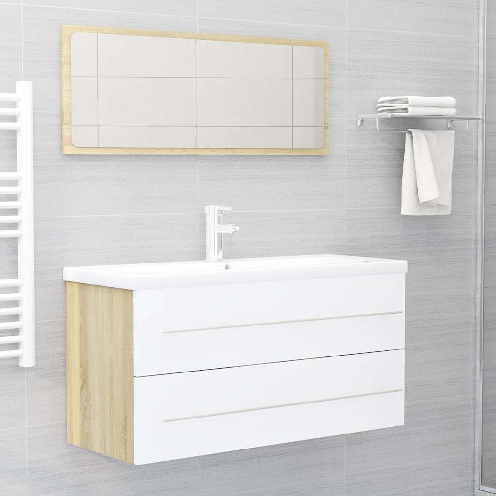 2 Piece Bathroom Furniture Set White and Sonoma Oak Engineered Wood