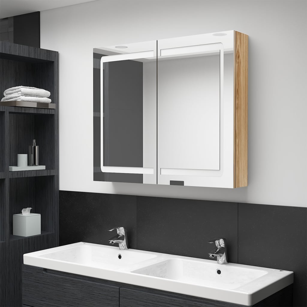 LED Bathroom Mirror Cabinet Oak 80x12x68 cm - Bend