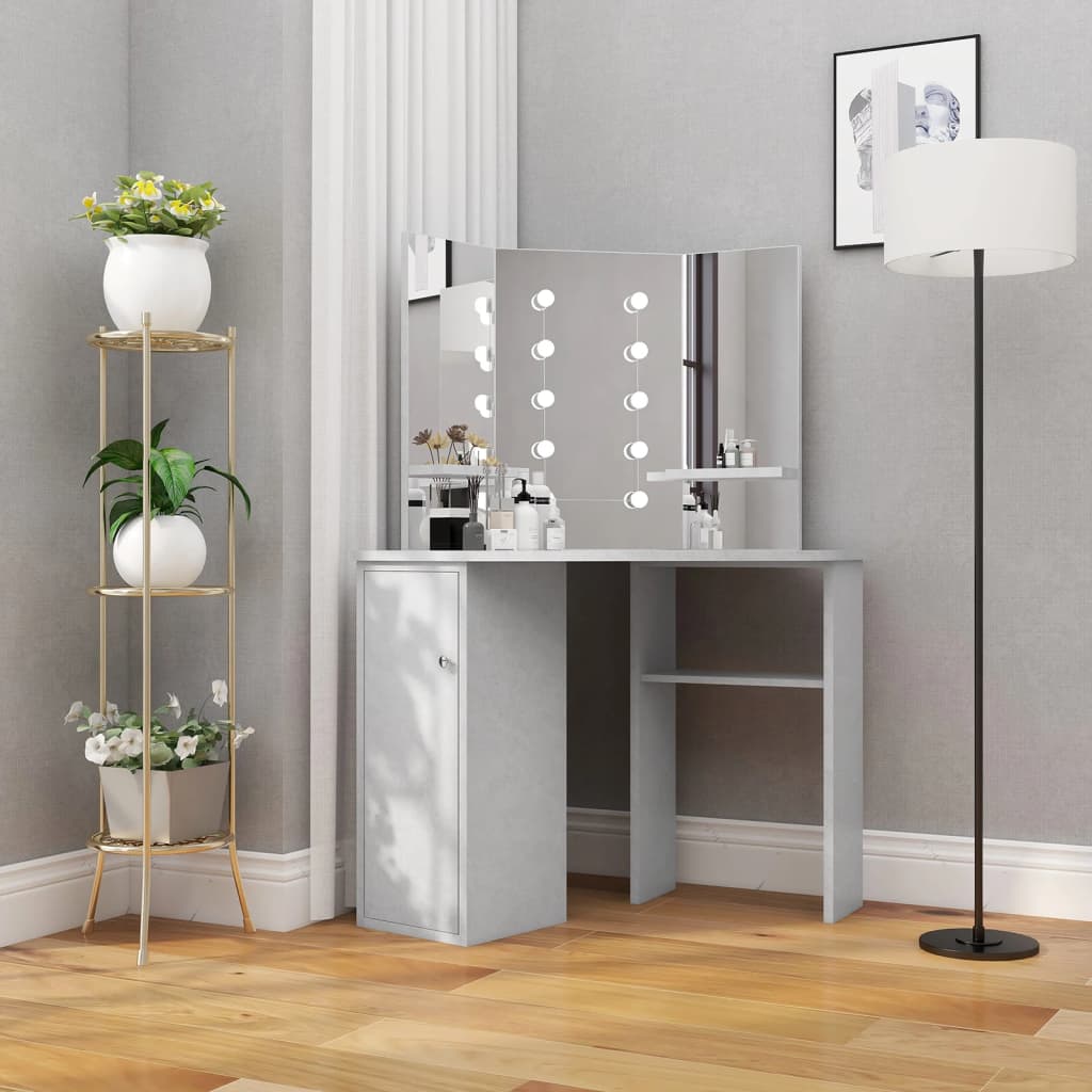 Corner Dressing Table with LED Concrete Grey 111x54x141.5 cm - Bend