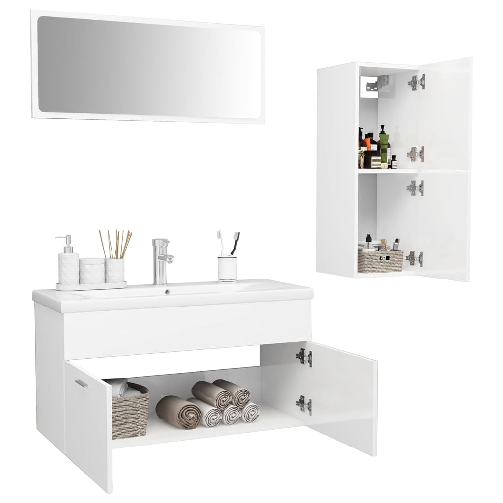 Bathroom Furniture Set High Gloss White Engineered Wood