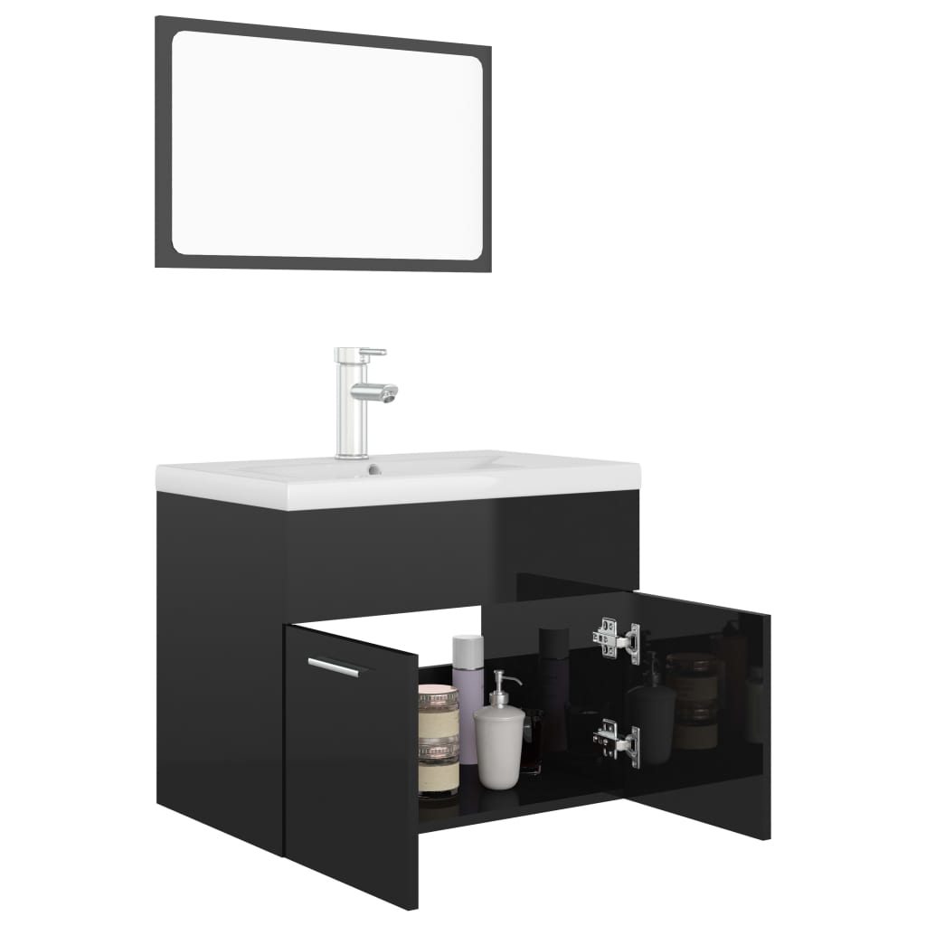 Bathroom Furniture Set High Gloss Black Engineered Wood