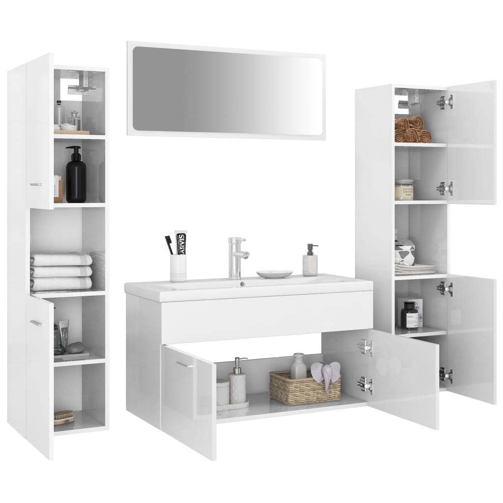 Bathroom Furniture Set High Gloss White Engineered Wood