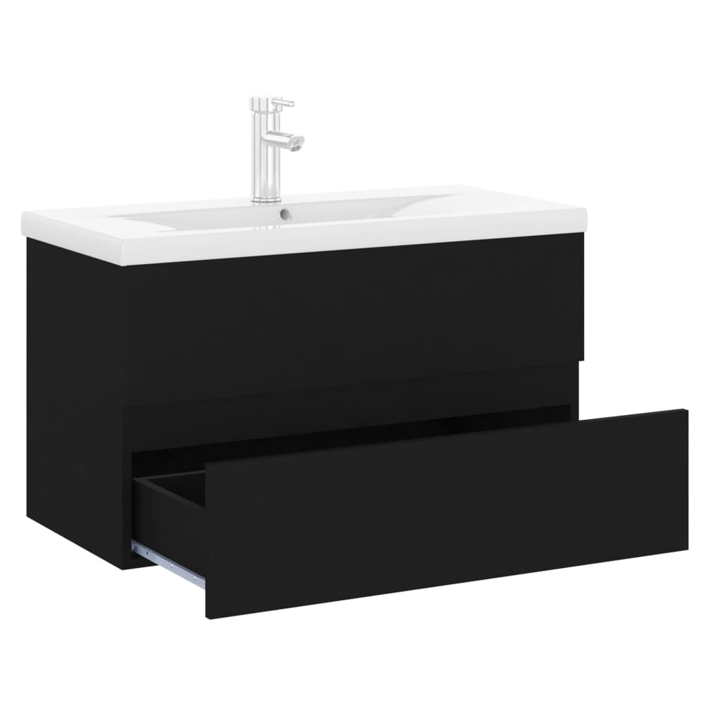 Sink Cabinet with Built-in Basin Black Engineered Wood - Bend