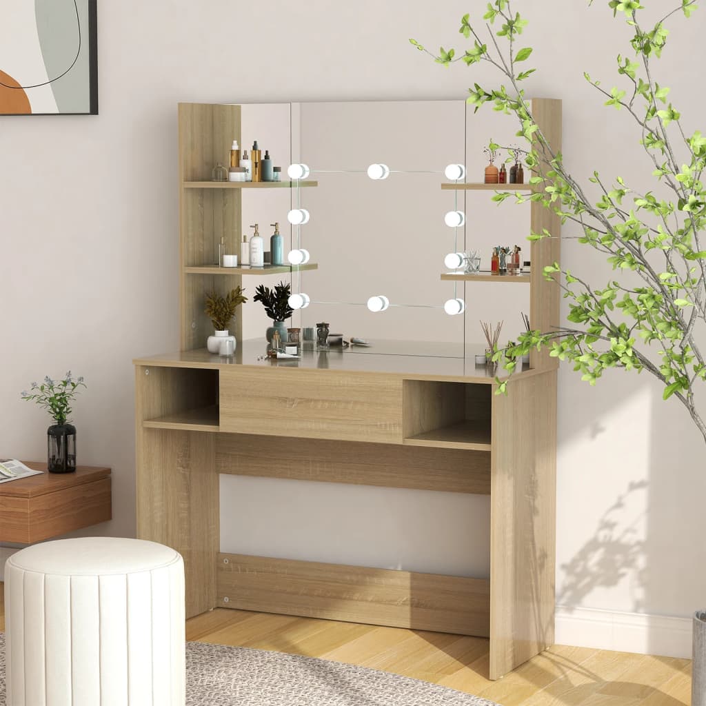 Makeup Table with LED Lights 100x40x135 cm MDF Oak - Bend