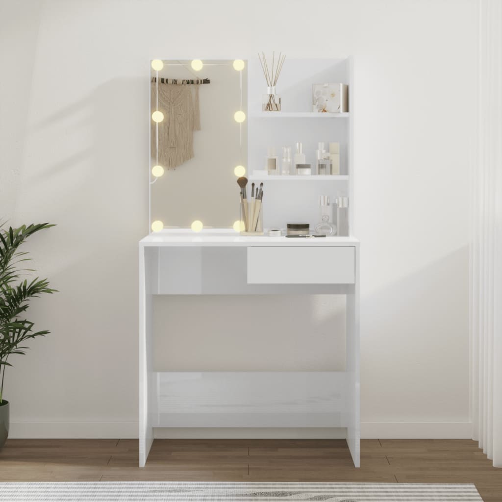 Dressing Table with LED High Gloss White 74.5x40x141 cm