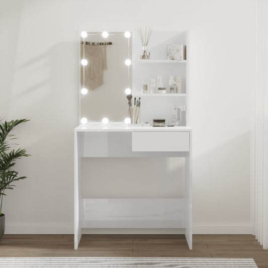 Dressing Table with LED High Gloss White 74.5x40x141 cm