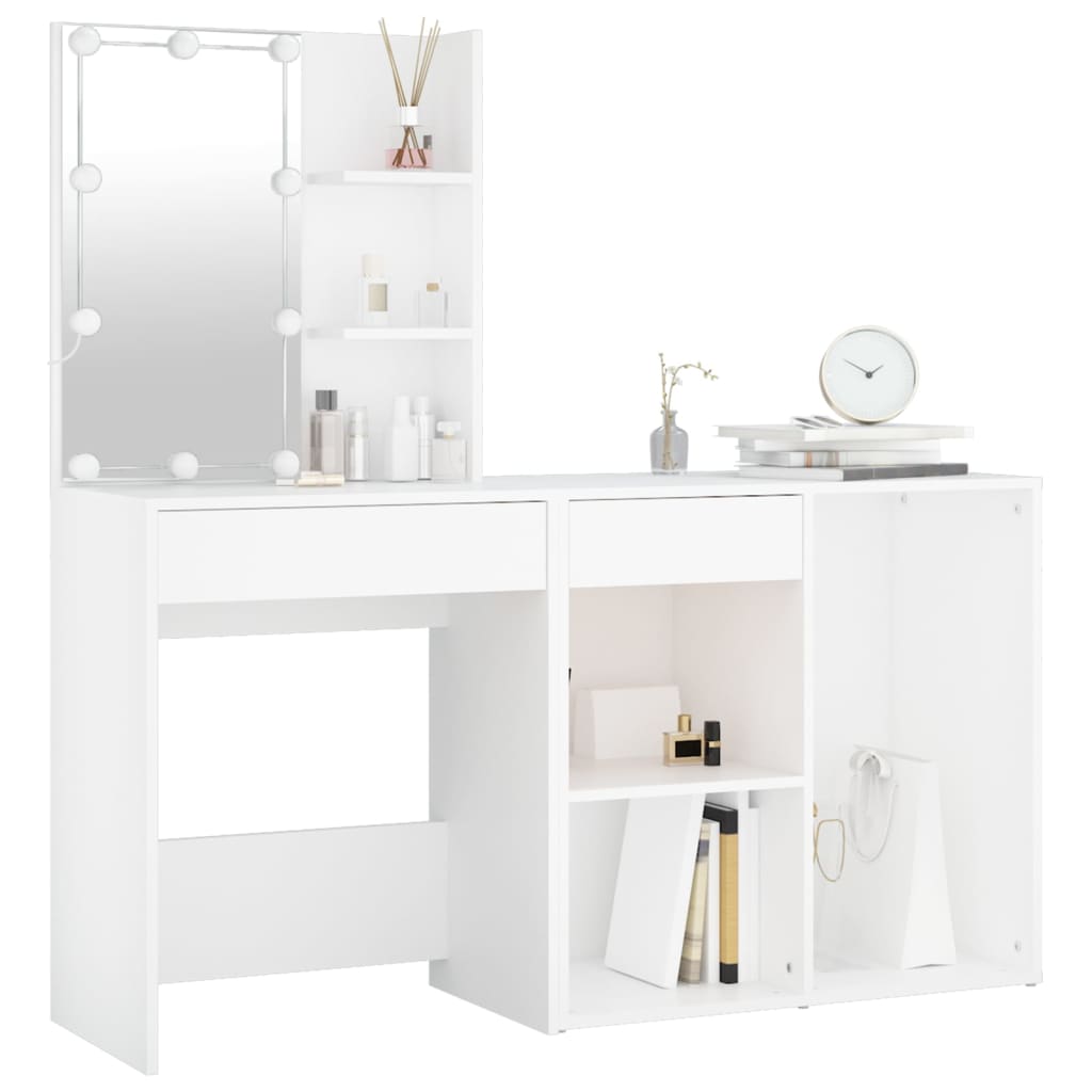 LED Dressing Table with Cabinet White Engineered Wood - Bend