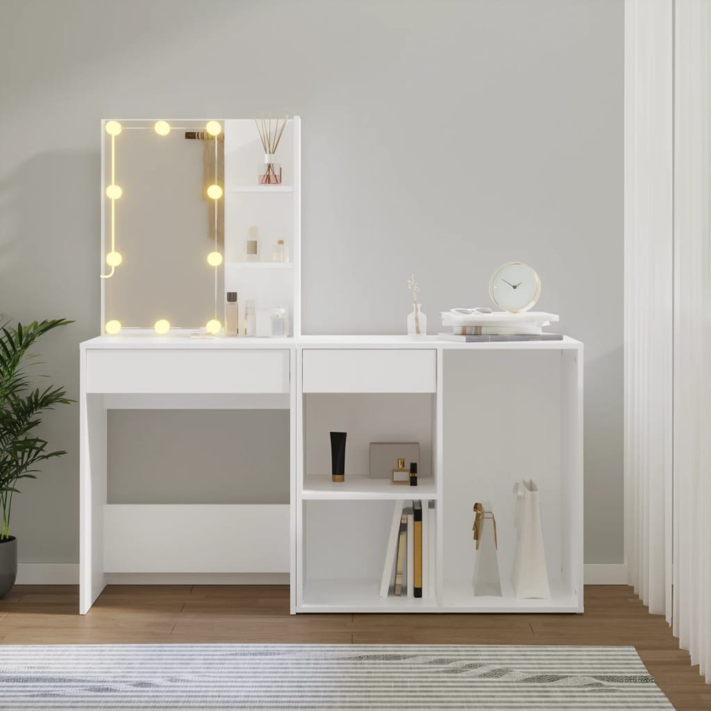 LED Dressing Table with Cabinet White Engineered Wood - Bend