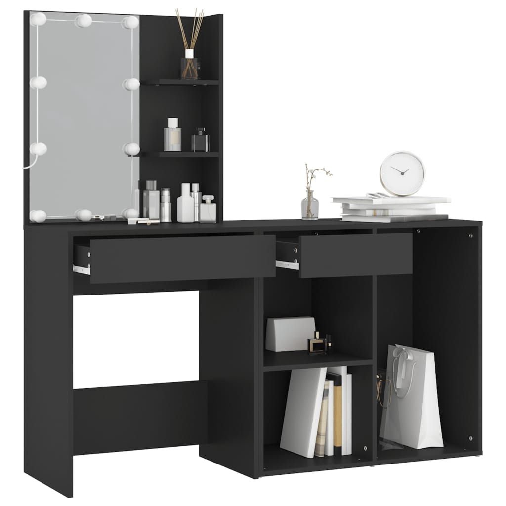 LED Dressing Table with Cabinet Black Engineered Wood - Bend