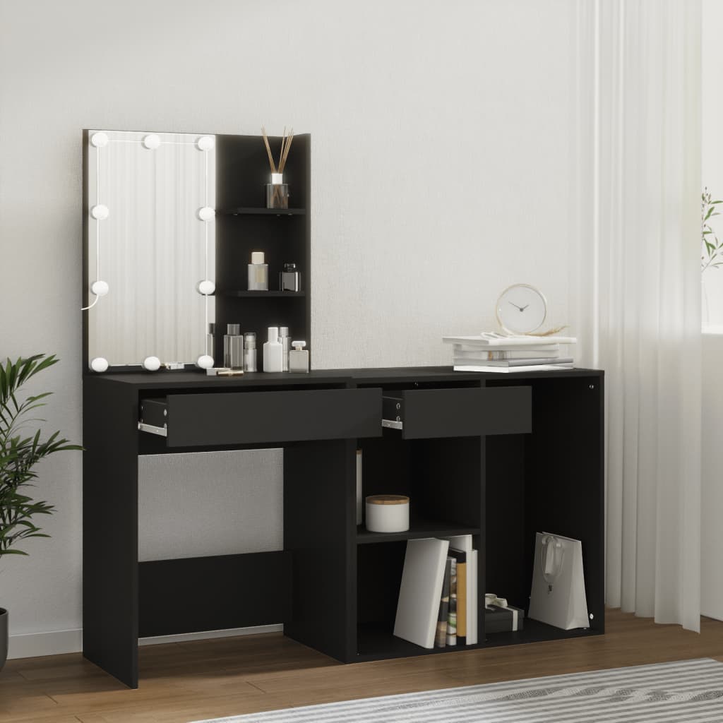 LED Dressing Table with Cabinet Black Engineered Wood - Bend