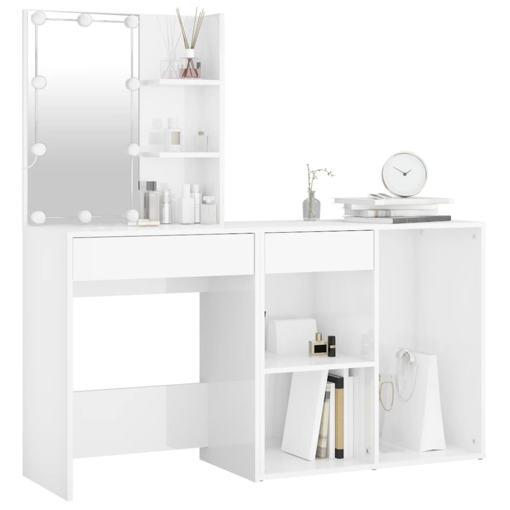 LED Dressing Table with Cabinet High Gloss White Engineered Wood - Bend